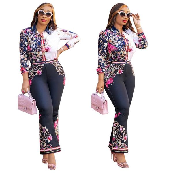 

women's two piece pants zaggin 2021 autumn fashion women print shirt 2-piece suit casual lady notched full sleeve shirts flare leg high, White