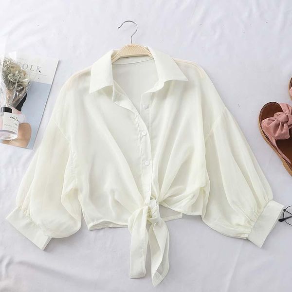 

women's blouses & shirts heliar white chiffon blouse women buttoned up v-neck sashes tied ol 2021 summer office lady