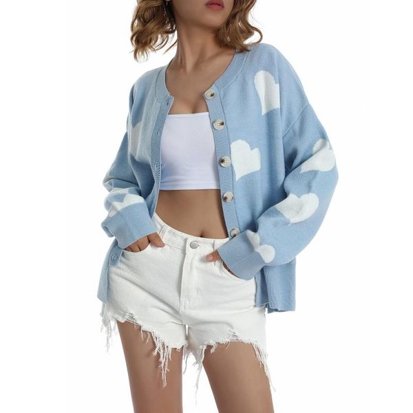 

women's knits & tees 2021 fashion clothing for autumn women heart pattern knitted cardigan buttons open front loose style sweater s-xxx, White
