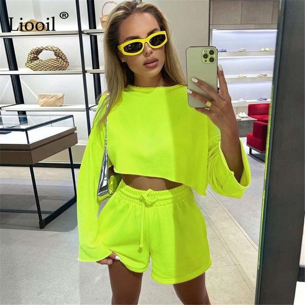 

women's tracksuits liooil neon green two piece tracksuit set women loose sweatshirt and shorts autumn long sleeve casual jogger female, Gray