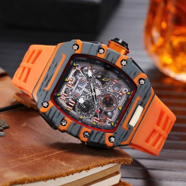 

wristwatches casual sport watch for men rm quartz wristwatch man's clock fashion chronograph silicone band sell, Slivery;brown