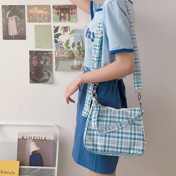

cross body cute gingham women canvas shoulder bag ladies' checked print woolen cloth crossbody bags half moon handbag plaid tote for gi
