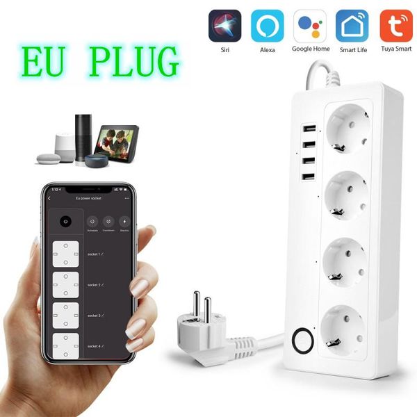 

smart power plugs tuya wifi european plug socket 1.8m 4 usb port supports alexa voice control and google home with manual