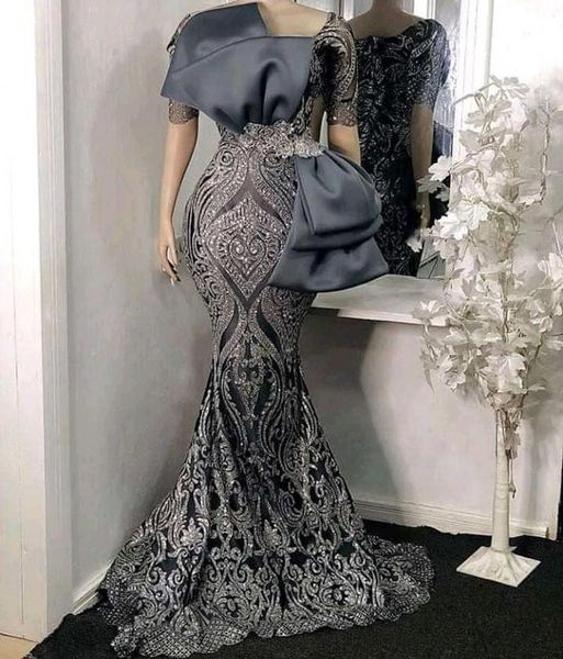 

luxury gray sequins mermaid evening dresses with short sleeves big bow 2022 sparkly elegant african dubai long prom party gowns special occa, Black;red