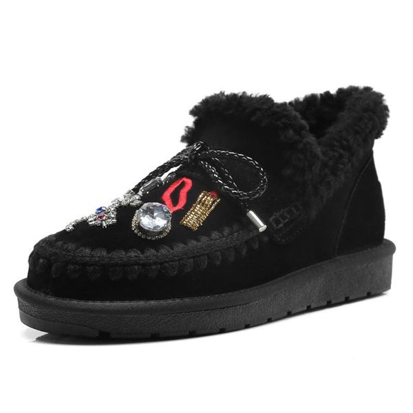 

boots fashion wool snow cow sudue round toe flat ankle booties crysta metal decoration women shoes winter genuine leather, Black