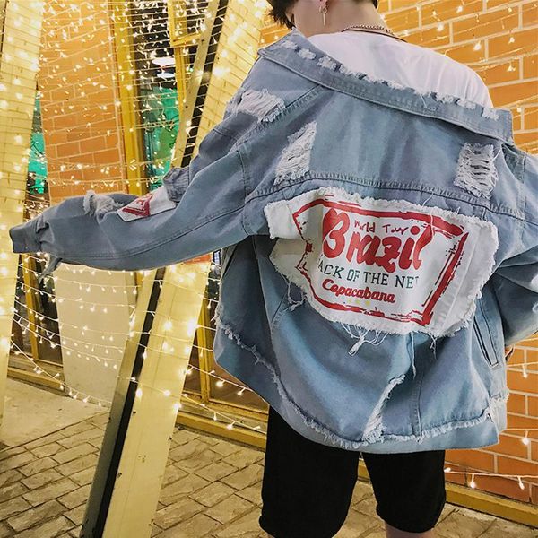 

spring autumn 2021 denim jacket men's loose anime letter student korean trend handsome cowboy teenagers coat jackets, Black;brown