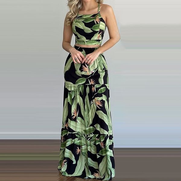 

women two piece set party dress floral print two-piece maxi dress crop & maxi skirt set 210521, White