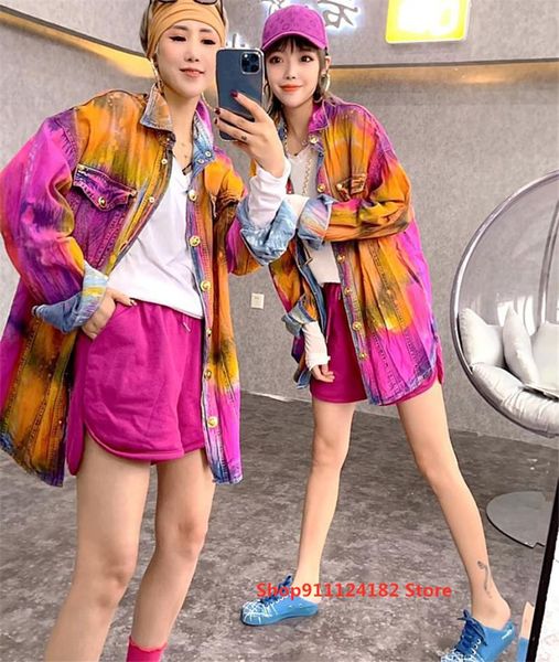 

women's jackets 2021 spring tie-dye hand-painted heavy industry color shirt female european trend brand fashion golden button jacket, Black;brown