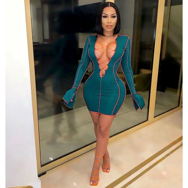 

casual dresses hollow out dress lace up v-neck knitted mini 2021 autumn fashion contrast split long sleeve striped strap hip, Black;gray