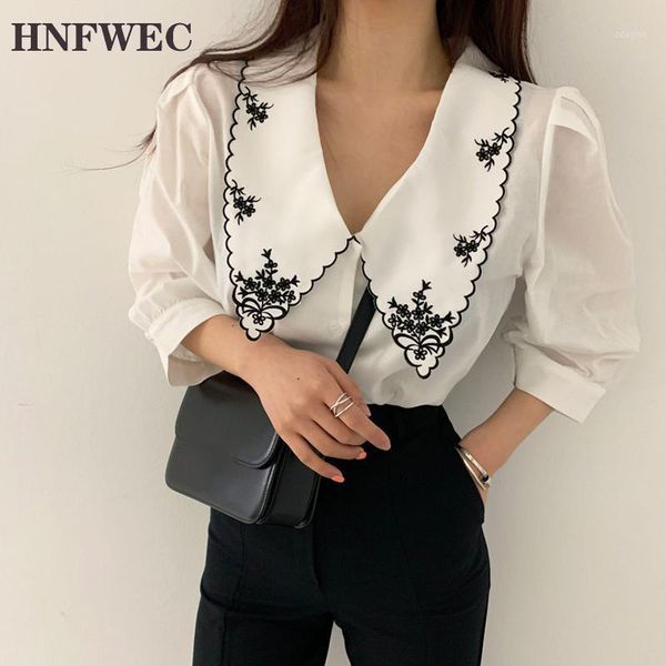 

korean embroidery print hit color shirt for women lapel collar puff sleeve blouse female 2021 summer fashion clothes p394 women's blous, White