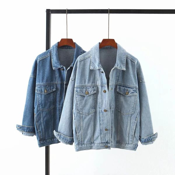 

women's sweaters vintage women jean autumn winter oversize denim jackets washed blue coat turn down collar pocket loose outwear erei, White;black