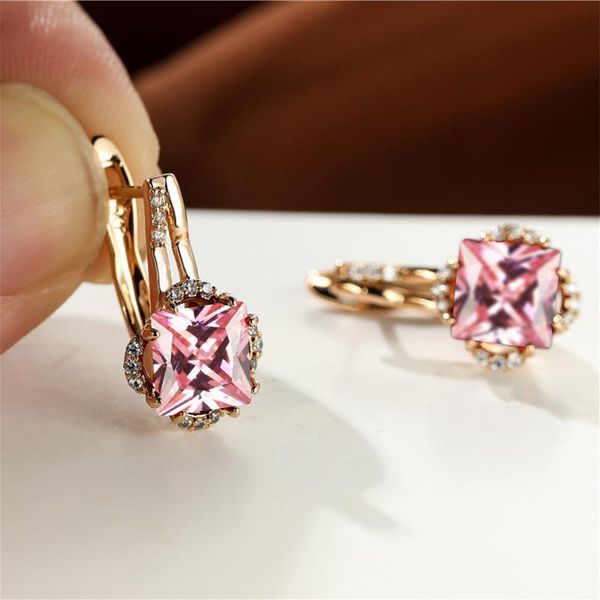 

hoop & huggie vintage rose gold color small earrings pink crystal square stone multicolor zircon for women boho jewelry, Golden;silver