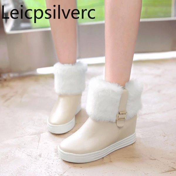 

boots autumn and winter the round head belt buckle plush internal increase high heel short tube women's snow plus size 34-43, Black