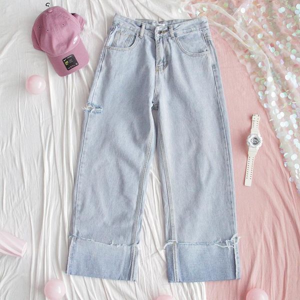 

women's pants & capris solid jeans for women korean style high waist wide leg loose harajuku denim trousers boyfriend hole, Black;white