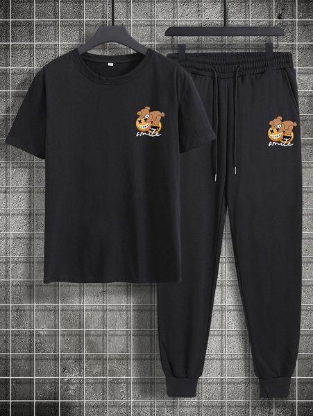 

men bear and letter graphic tee & drawstring waist sweatpants q25f#, Gray