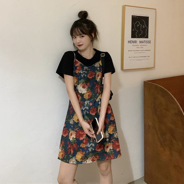 

casual dresses summer retro oil painting flowers waist was dress q2o0, Black;gray