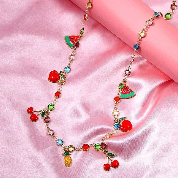 

designer necklace 2021 korean sweet cherry peach fruit pendant for women multicolor crystal bead fashion design jewelry gift, Silver