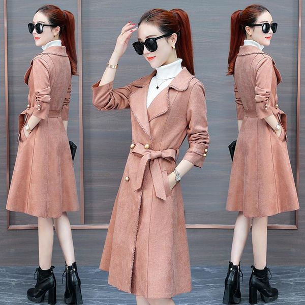 

women's trench coats coat girls long paragraph korean version of the fall 2021 and winter clothes retro fashion casual suede jacket, Tan;black