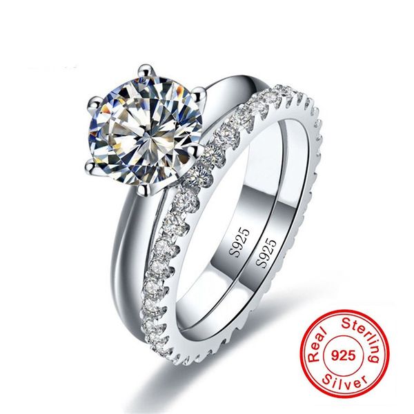 

solitaire 1ct diamond ring sets real 925 sterling silver jewelry engagement wedding band rings for women bridal party accessory, Slivery;golden