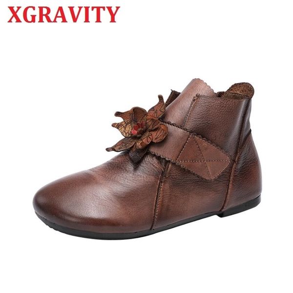 

xgravity ethnic flower slip on ladies boots fashion genuine leather boots women casual round toe leisure flats female flat shoes 210429, Black