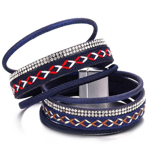 

tennis amorcome bohemian braided rope bracelets for women female rhinestone multilayer leather bracelet party jewelry gift, Golden;silver