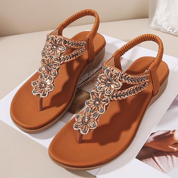 

sandals for womens bohemia platform woman beach shoes casual elastic band female studded crystal light breathable roman, Black