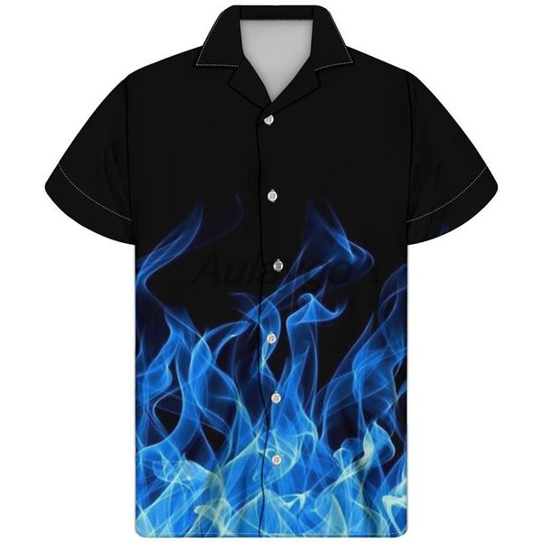 

men's casual shirts fire printed shirt summer men rock vintage hawaiian blue button turn-down collar overshirt short sleeve clothing ko, White;black