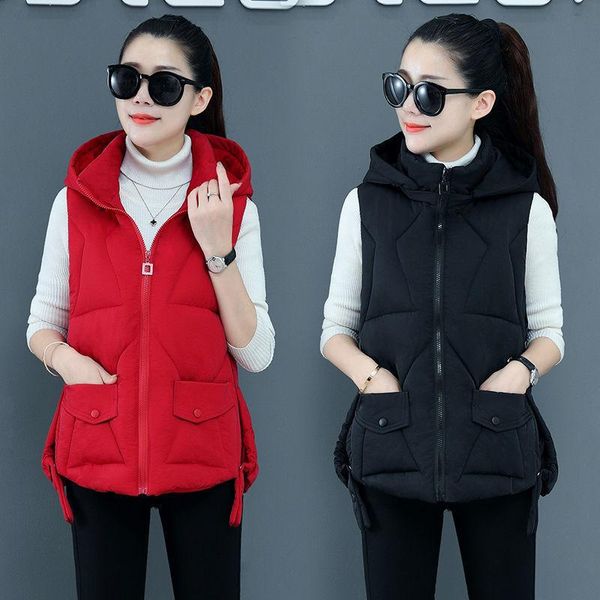 

women's vests 2021 autumn winter mid-length cotton padded vest women loose hooded coat casual solid sleeveless jacket z963, Black;white