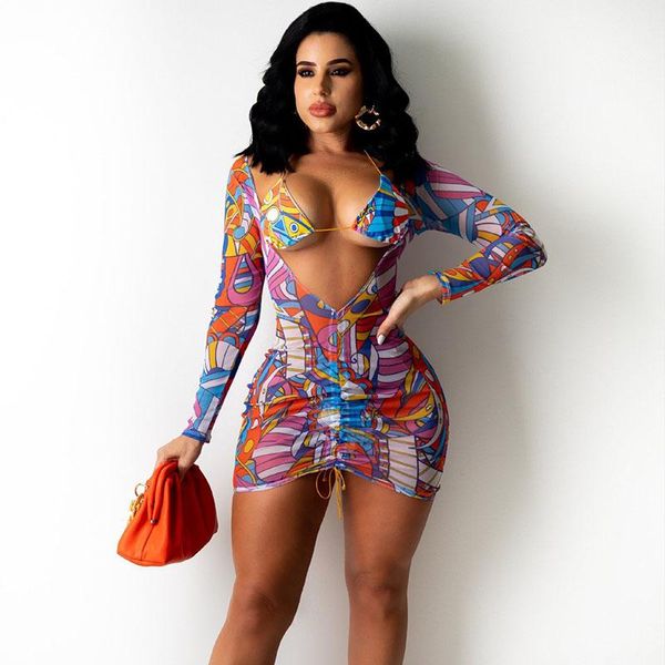 

casual dresses mesh sheer party summer dress women long sleeve hollow out drawstring ruched bodycon holiday beachwear mini, Black;gray