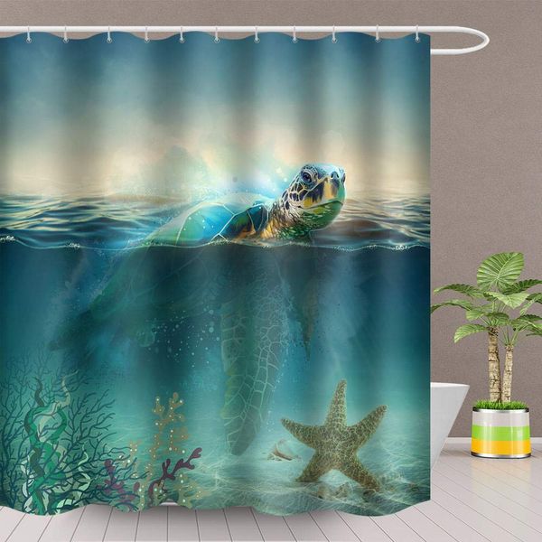 

ocean shower curtain sea turtle starfish coral seabed bathroom decoration set polyester fabric 72x72 inch with hook
