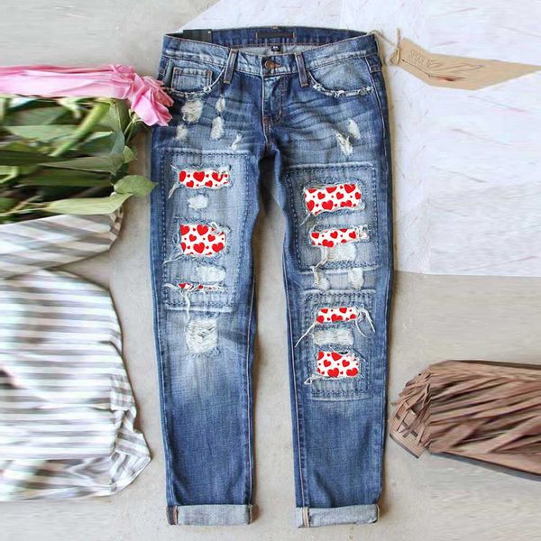 

fashion jeans summer 2021 broken copper polka dot stitching mid waist casual capris 781074, Blue
