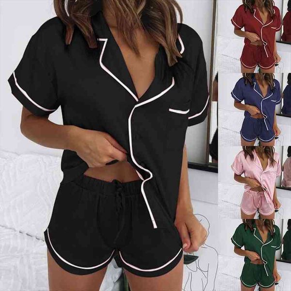 

summer fashion satin womens sleepwears pajama sets celmia casual loose buttons short sleepwear solid 2pcs lounge homewear, Black;red