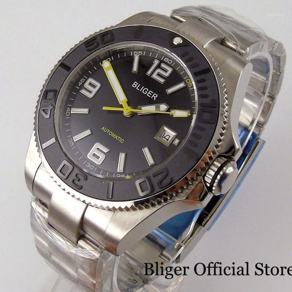 

43mm automatic black men watch 21 jewels miyota 8215 brushed insert oyster strap screwdown crown glide lock wristwatches, Slivery;brown