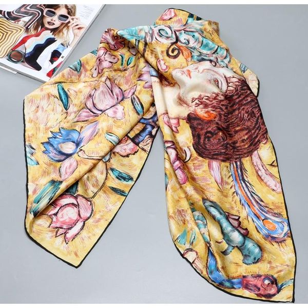 

scarves fashion 100% silk hijab head oil painting pure shawl foulard square 35", Blue;gray