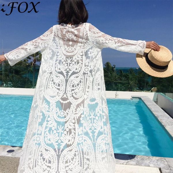 

casual dresses real po lace long beach dress charming v neck embroidery women swim wear sleeve hollow out kaftan cover up, Black;gray