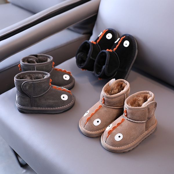 

baby shoes cute cartoon little dinosaur children's men's and women's winter plush thickened snow boots, Black