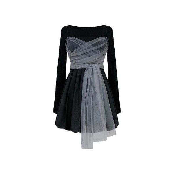 

piece set women dress elegant pastel ukraine trendy vestido festa autumn style robes party mini a-line net yarn casual dresses, Black;gray