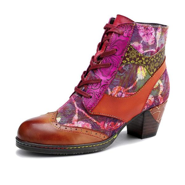 

boots genuine leather women vintage bohemian ankle shoes low 5cm thick heel ladies woman printing flower, Black