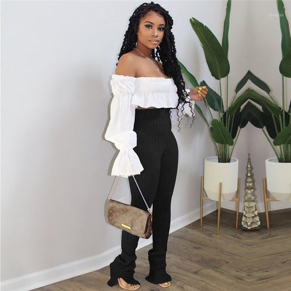 

women's knitting pants, high-waist trousers, solid color side split casual slimming wear bottoms pants & capris, Black;white