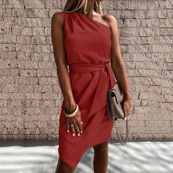 

one shoulder red womens tanks dress casual summer sleeveless belt solid tunic mini vestido de mujer, White