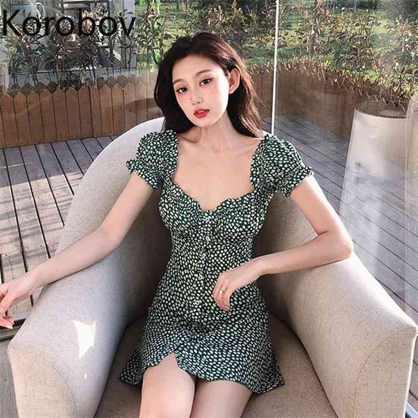 

korobov new arrival korean summer women dress vintage puff sleeve short sleeve female dresses button robe femme 2a556 210430, Black;gray