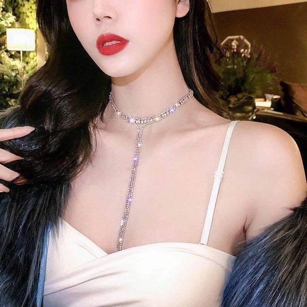 

chains shine full rhinestone long tassel choker necklace chain for women luxury crystal multi-layer collar, Silver