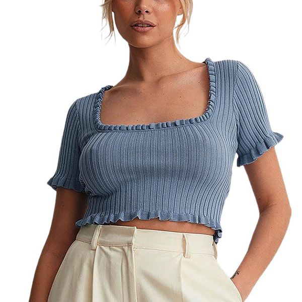 

women's t-shirt short sleeve crop square neck solid color frill trim rib knit t-shirts summer ladies casual basic tees, White