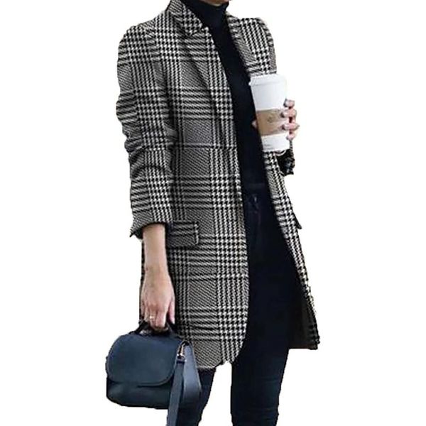 

women's jackets elegant plaid oversized spring autumn casual outerwear lapel tweed loose long sleeve coat veste tailleur femme, Black;brown