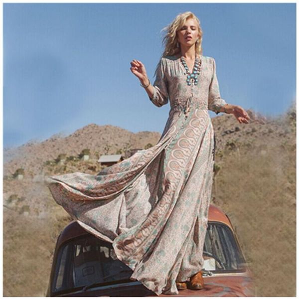 

casual dresses women summer split vneck vintage boho long maxi floral national chiffon print dress party beach sundress xxxxxl, Black;gray