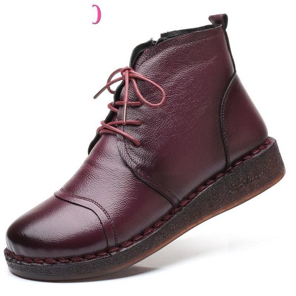 

boots autumn lace-up genuine leather female short boot shoes women winter plush non-slip side zipper nkve, Black