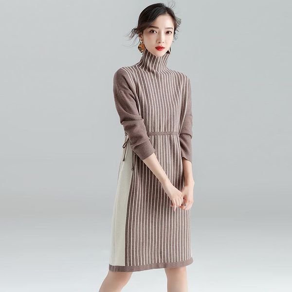 

casual dresses women long sweater turtleneck striped dress autumn winter female fashion stripes knit pullovers, Black;gray