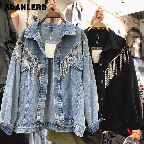 

women's jackets heavy industry rhinestone fringed denim jacket 2021 spring korean version of bf loose wild student jean top, Black;brown