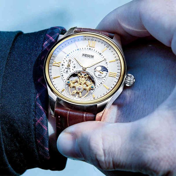 

fashion luxury fire nesun men hollow automatic mechanical watches waterproof leather band sports relogio masculino, Slivery;brown