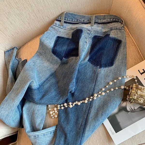 

street old high washed straight jeans women's 2021 spring dress style, Blue